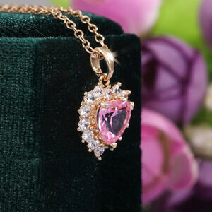 🎀Pink Diamond Heart Flower Rose Gold Plated CZ Heart Necklace, EVGG1106